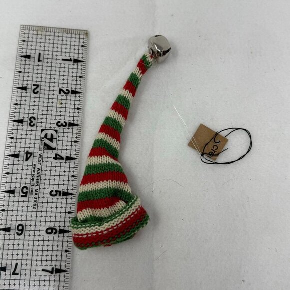 Miniature Christmas Elf Knit Hat Bottle Cover Ornament Jingle Bell Striped Red - Picture 4 of 4